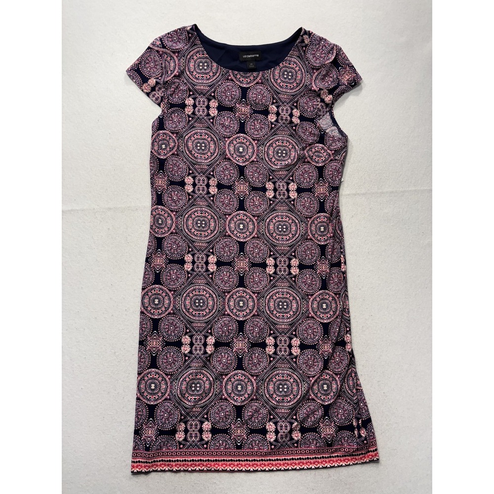 Liz Claiborne Dress Womens 16 Blue Pink Coral Geometric Shift Short Sleeve NWT